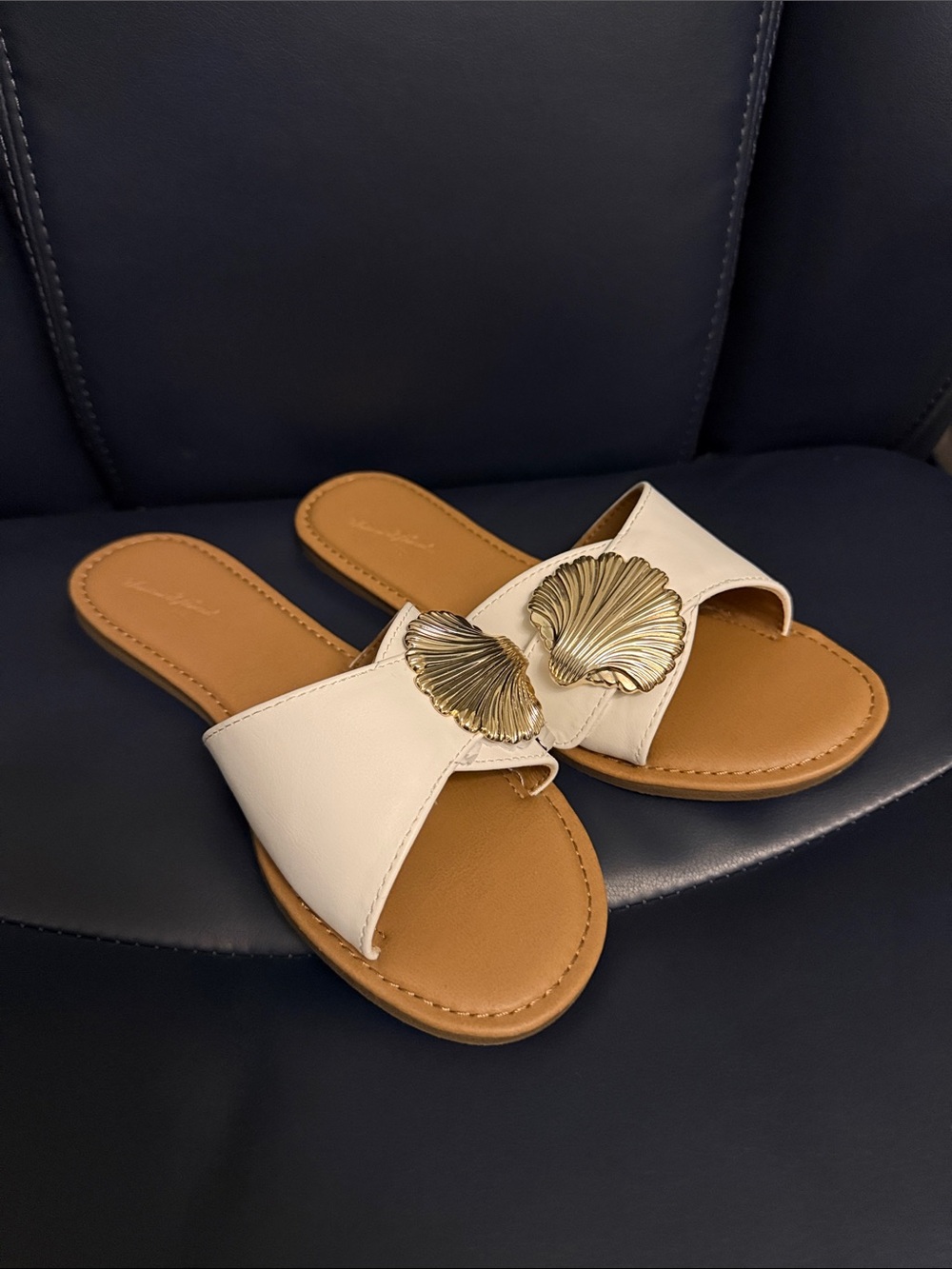 White Slide Sandals with Gold Shell Accent - Women